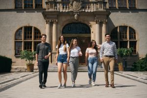 Grupa pięciu młodych osób idzie razem chodnikiem przed zabytkowym budynkiem z dużymi oknami i bogato zdobionym wejściem. Dwie osoby mają na sobie krótkie spodenki i t-shirty, dwie są w długich spodniach i bluzkach, a piąta osoba ubrana jest w jasne spodnie i koszulę w kwiaty. W tle widać donice z roślinami oraz elementy architektury historycznego obiektu.